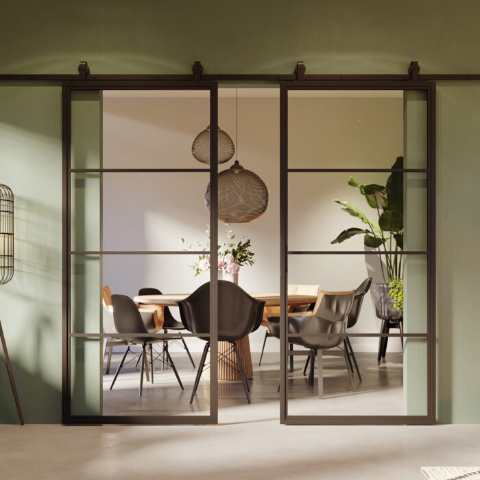 Dubbele stalen schuifdeur 4-vaks met helder glas