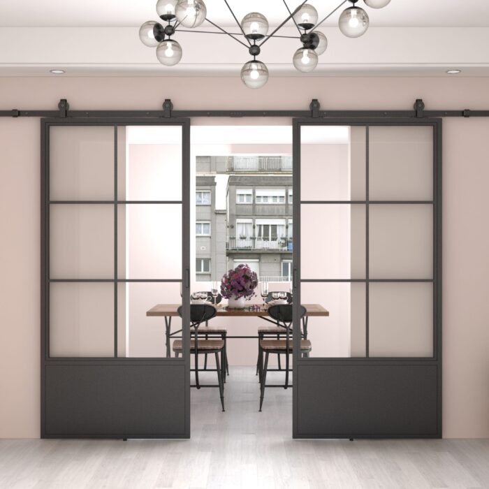 Dubbele stalen schuifdeur Smartline 6-vaks kickplate helder glas