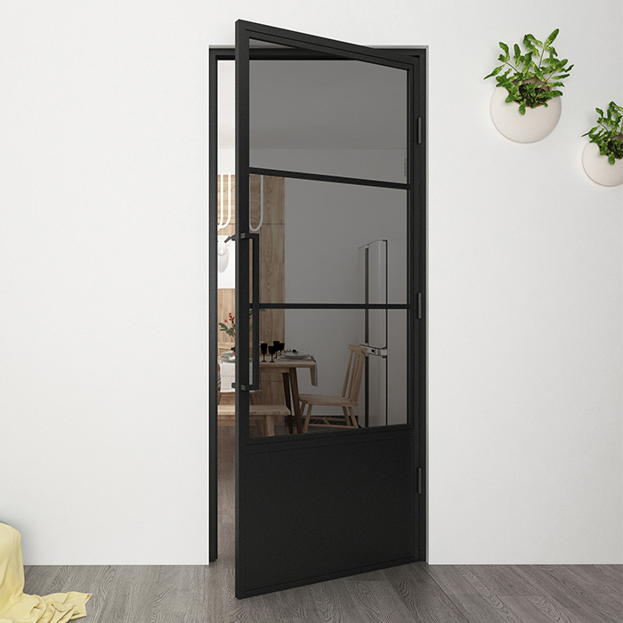 Maatwerk Stalen scharnierdeur 3 vakken kickplate rechtsdraaiend rookglas