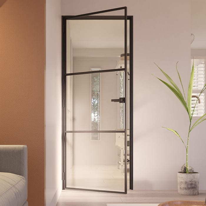 Stalen scharnierdeur Slimline 3-vaks klinksluiting linksdraaiend helder glas