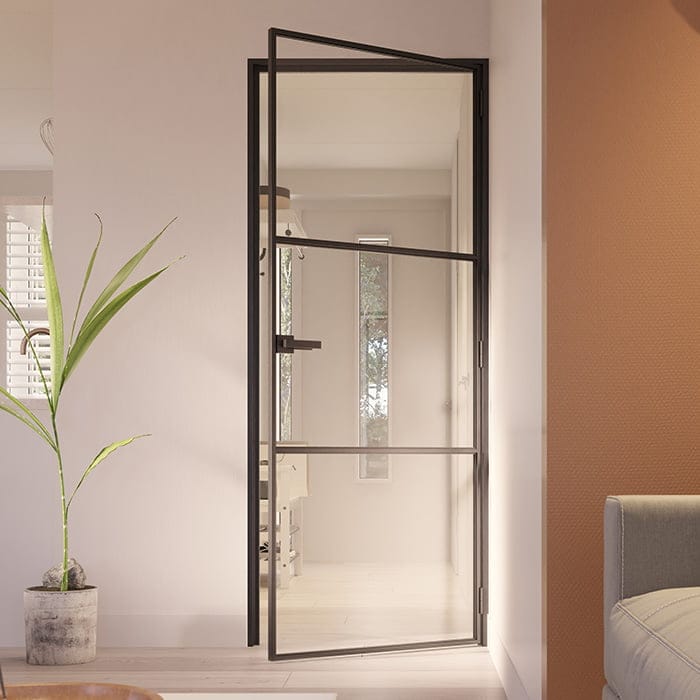 Stalen scharnierdeur Slimline 3-vaks klinksluiting rechtsdraaiend helder glas