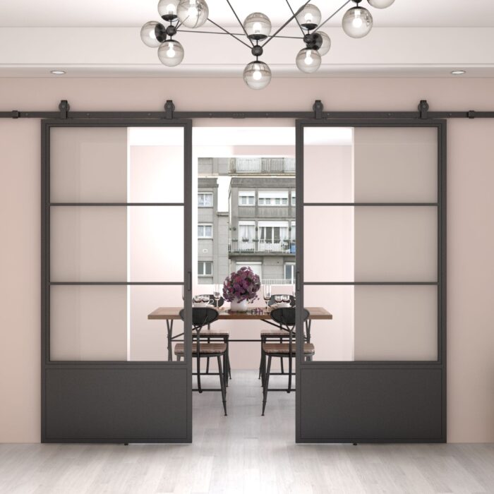 Dubbele stalen schuifdeur 3-vaks kickplate helder glas