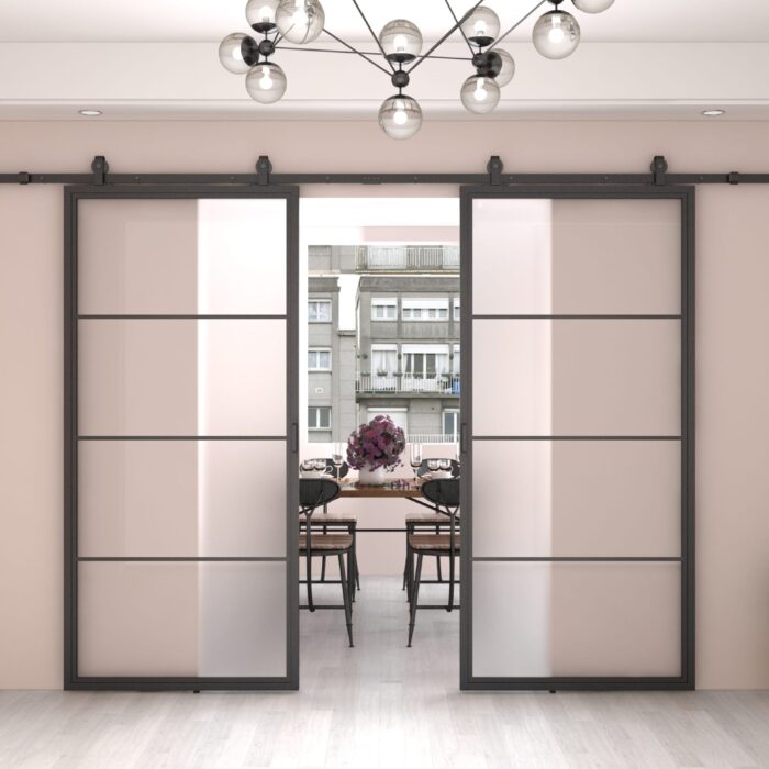 Dubbele stalen schuifdeur Smartline 4-vaks mat glas