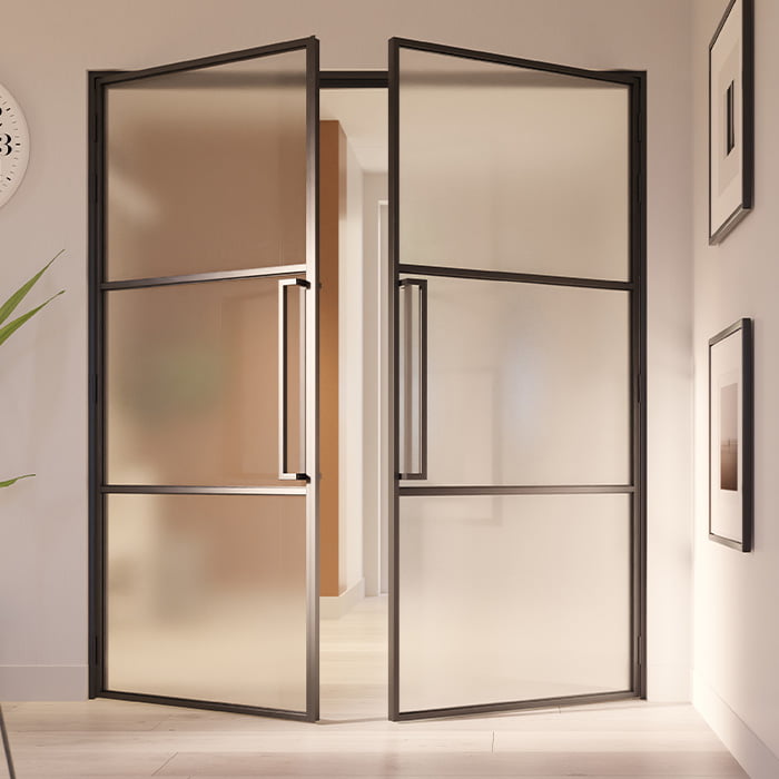 Dubbele stalen scharnierdeur Slimline mat glas maatwerk