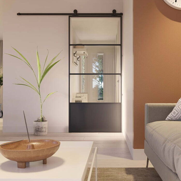 Stalen schuifdeur SLIMLINE helder glas 3 vaks kickplate maatwerk