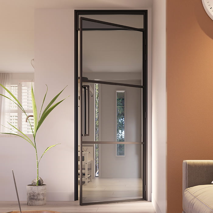 Stalen scharnierdeur Slimline met bovenlicht maatwerk rookglas