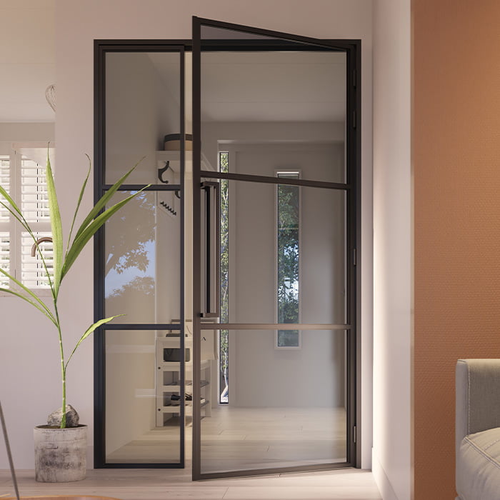 Stalen scharnierdeur Slimline met zijlicht maatwerk rookglas