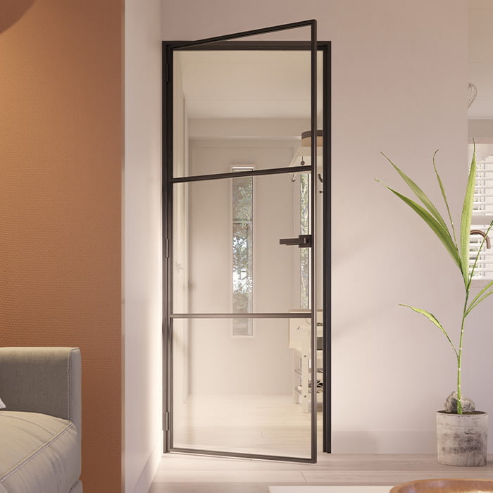 Stalen scharnierdeur Slimline 3-vaks klinksluiting linksdraaiend helder glas