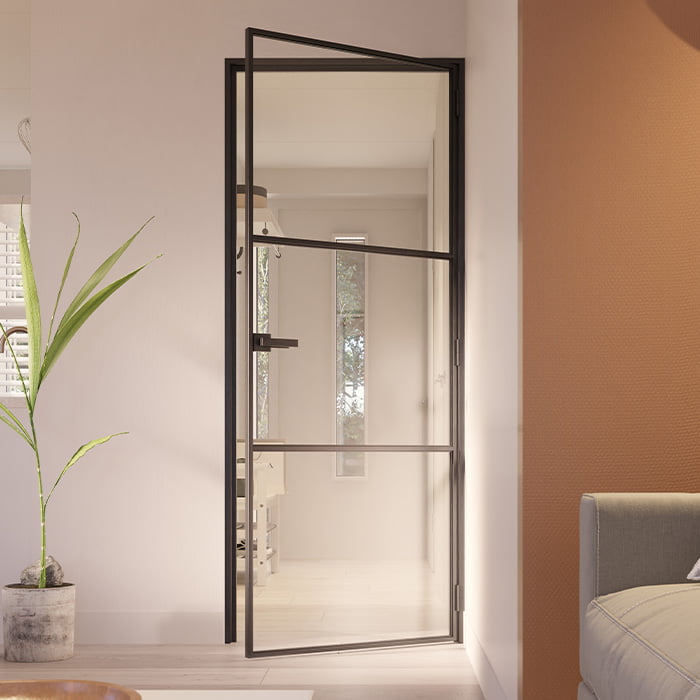 Stalen scharnierdeur Slimline 3-vaks klinksluiting helder glas