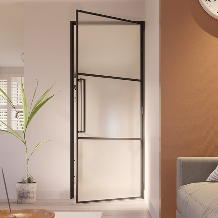 Stalen scharnierdeur Slimline 3 vaks rechtsdraaiend mat glas magneetsluiting maatwerk