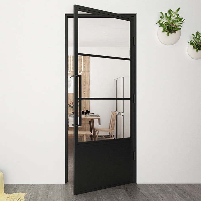 Maatwerk stalen scharnierdeur 3 vakken kickplate rechtsdraaiend helder glas