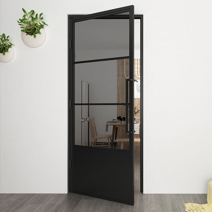 Maatwerk stalen scharnierdeur 3 vakken linksdraaiend rookglas