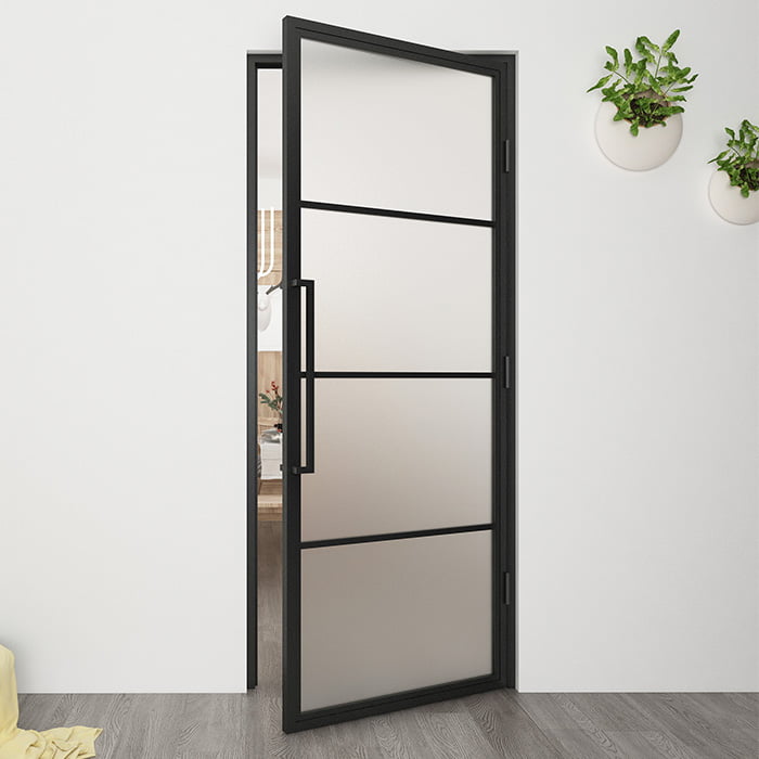 Maatwerk stalen scharnierdeur Smartline 4 vakken rechtsdraaiend mat glas