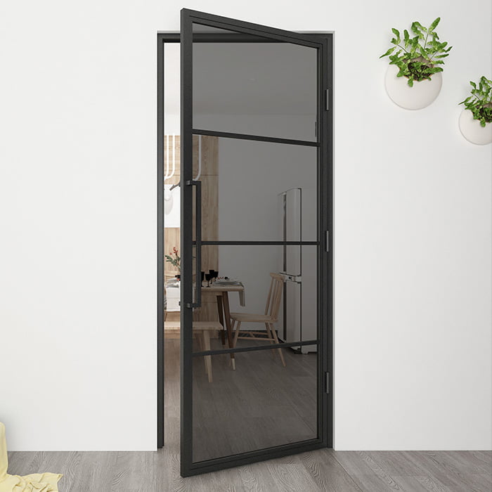 Maatwerk stalen scharnierdeur Smartline 4 vakken rechtsdraaiend rookglas