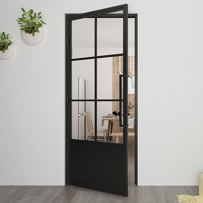 Maatwerk stalen scharnierdeur 6 vakken kickplate helder glas