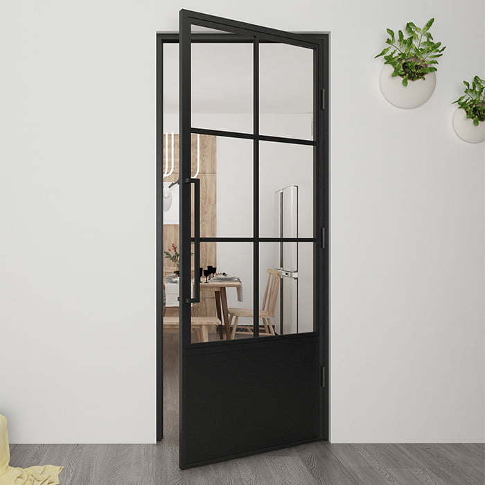 Maatwerk stalen scharnierdeur 6 vakken kickplate rechtsdraaiend helder glas