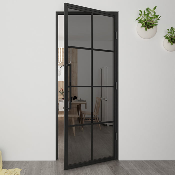 Maatwerk stalen scharnierdeur Smartline 8 vakken rechtsdraaiend rookglas