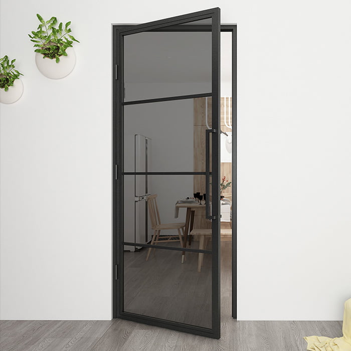 Maatwerk stalen scharnierdeur Smartline 4 vakken linksdraaiend rookglas glas