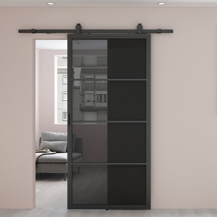 Maatwerk stalen schuifdeur 4-vaks rookglas glas