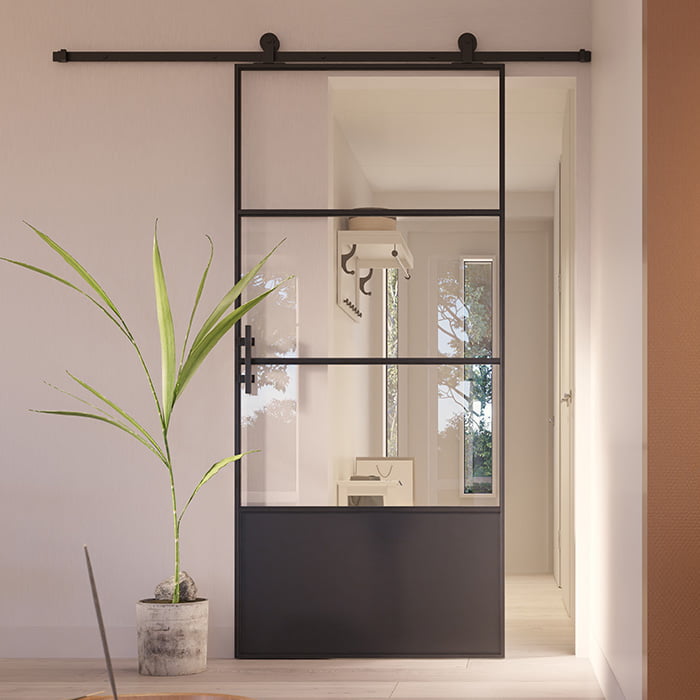 Stalen schuifdeur Slimline 3-vaks kickplate helder glas