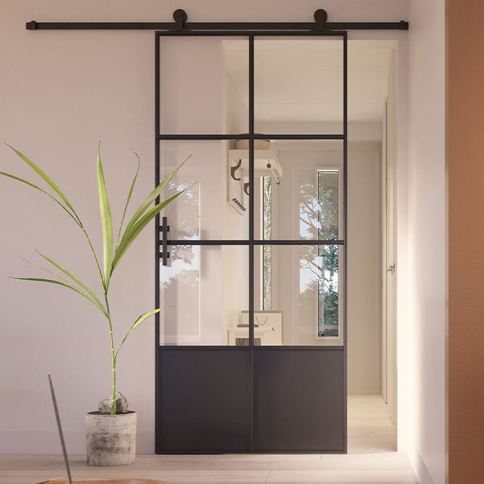 Stalen schuifdeur Slimline 6-vaks kickplate helder glas