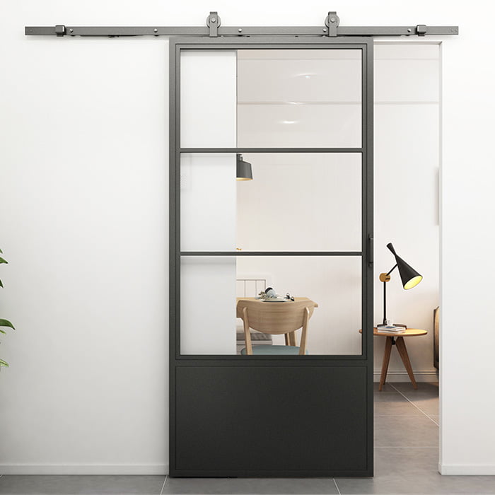 Maatwerk stalen schuifdeur Smartline 3-vaks kickplate helder glas