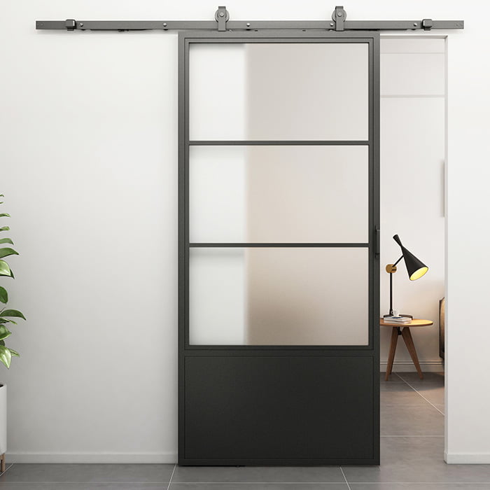 Maatwerk stalen schuifdeur Smartline 3-vaks kickplate mat glas