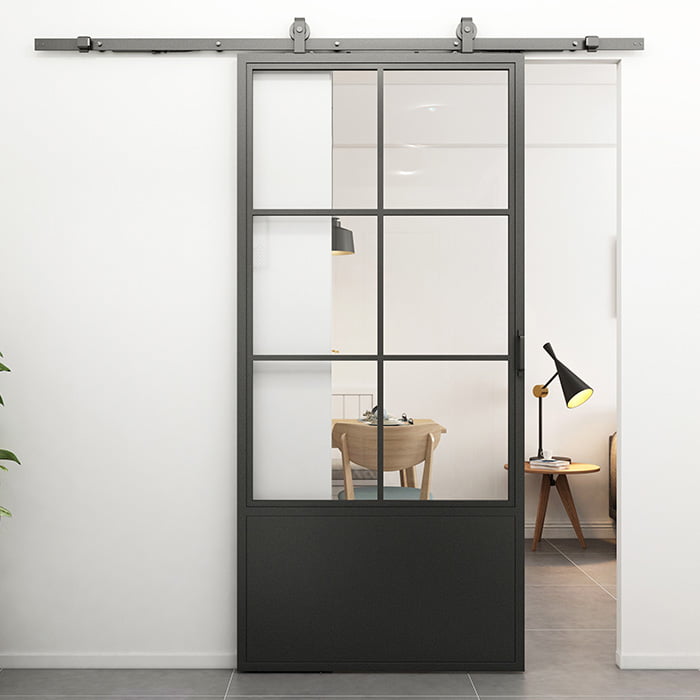 Maatwerk stalen schuifdeur 6-vaks kickplate helder glas