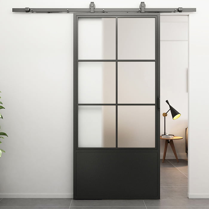 Maatwerk stalen Schuifdeur Smartline kickplate mat glas