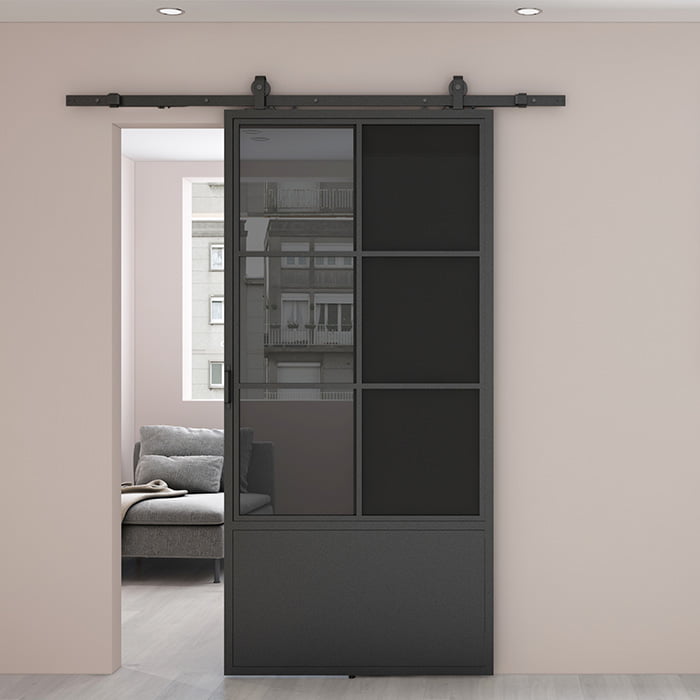 Maatwerk stalen Schuifdeur Smartline 6-vaks kickplate rookglas