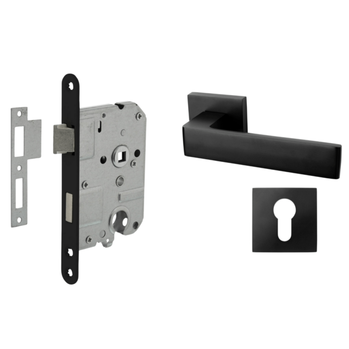 Deurbeslag set met slot, cilinderrozet en deurklink Nova21 geveerd zwart