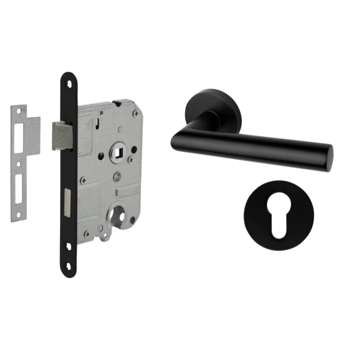 Deurbeslag set met slot, cilinderrozet en deurklink Modern geveerd zwart