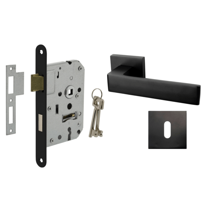 Deurbeslag set met slot, sleutelrozet en deurklink Nova21 geveerd zwart