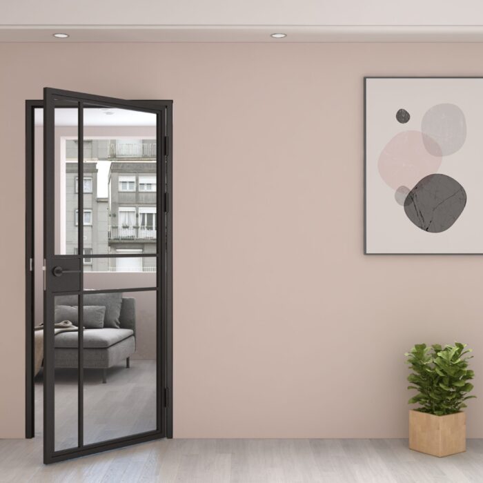 Maatwerk stalen scharnierdeur met klink 6 vakken asymmetrisch rechtsdraaiend helder glas