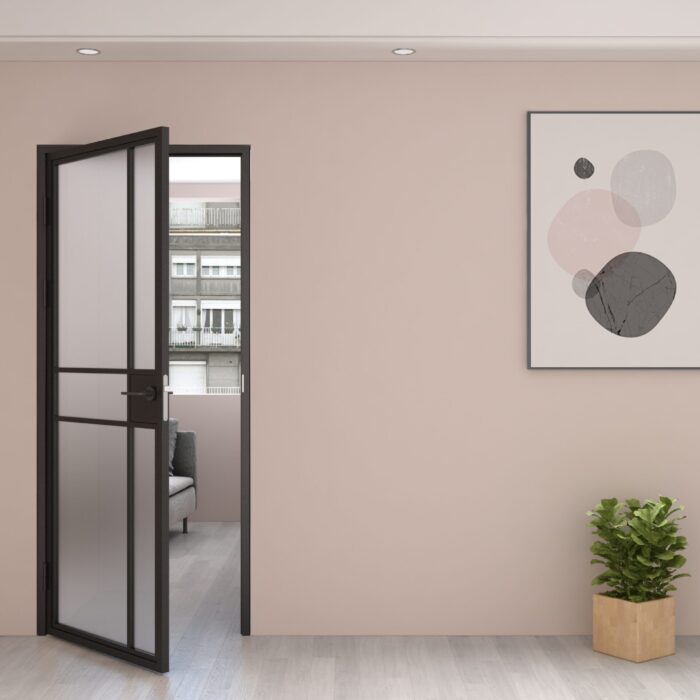 Maatwerk stalen scharnierdeur met klink 6 vakken asymmetrisch linksdraaiend mat glas