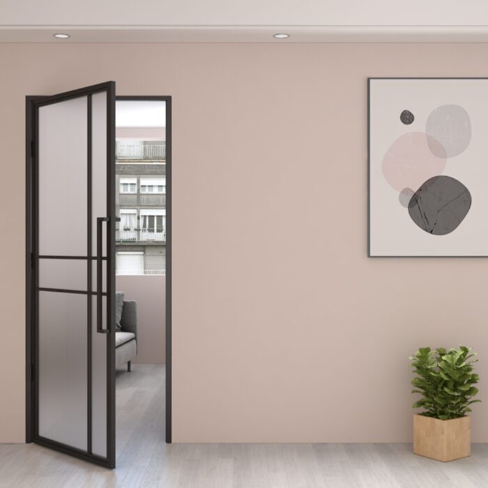 Maatwerk stalen scharnierdeur 6 vakken asymmetrisch linksdraaiend mat glas