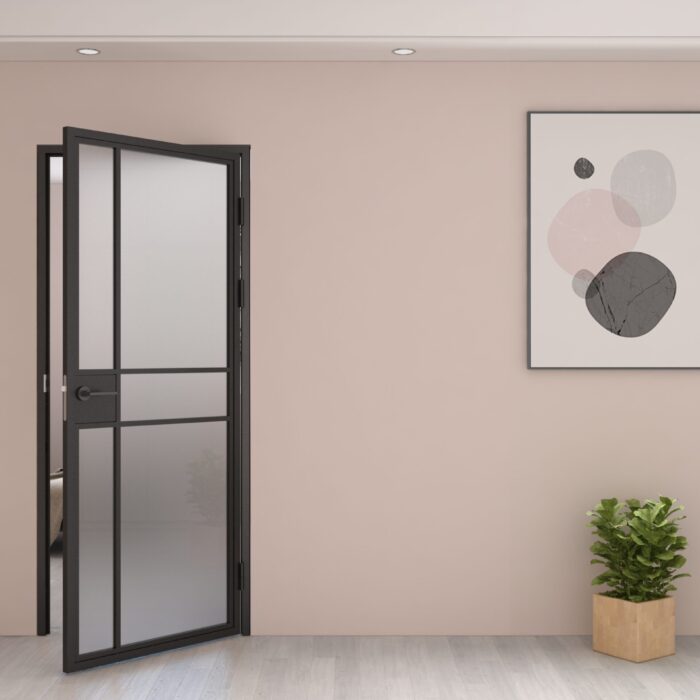 Maatwerk stalen scharnierdeur met klink 6 vakken asymmetrisch rechtsdraaiend mat glas