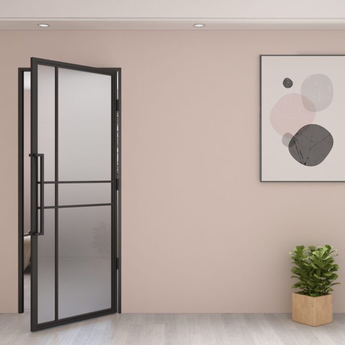 Maatwerk stalen scharnierdeur 6 vakken asymmetrisch rechtsdraaiend mat glas