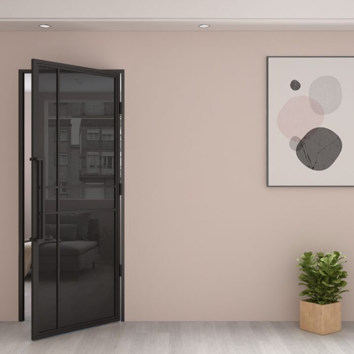 Maatwerk stalen scharnierdeur 6 vakken asymmetrisch rechtsdraaiend rookglas